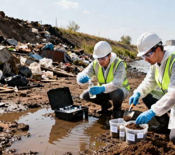 Peritos medioambientales con equipos de protección tomando muestras de agua y suelo en un vertedero de Andalucía