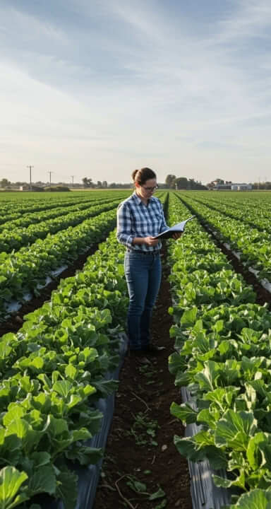Perito agrícola evaluando el estado de los cultivos y realizando tasaciones en una finca de Andalucía