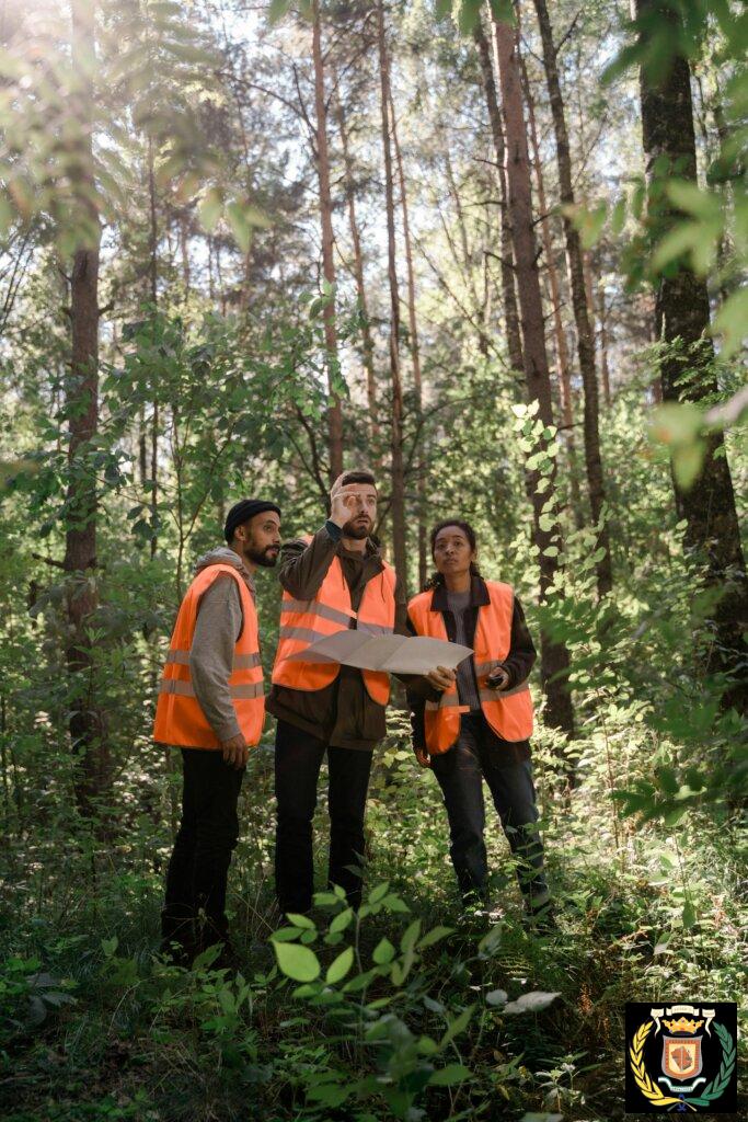pexels-photo-10365934-10365934 A team of surveyors in protective gear examines a map amidst a dense forest.