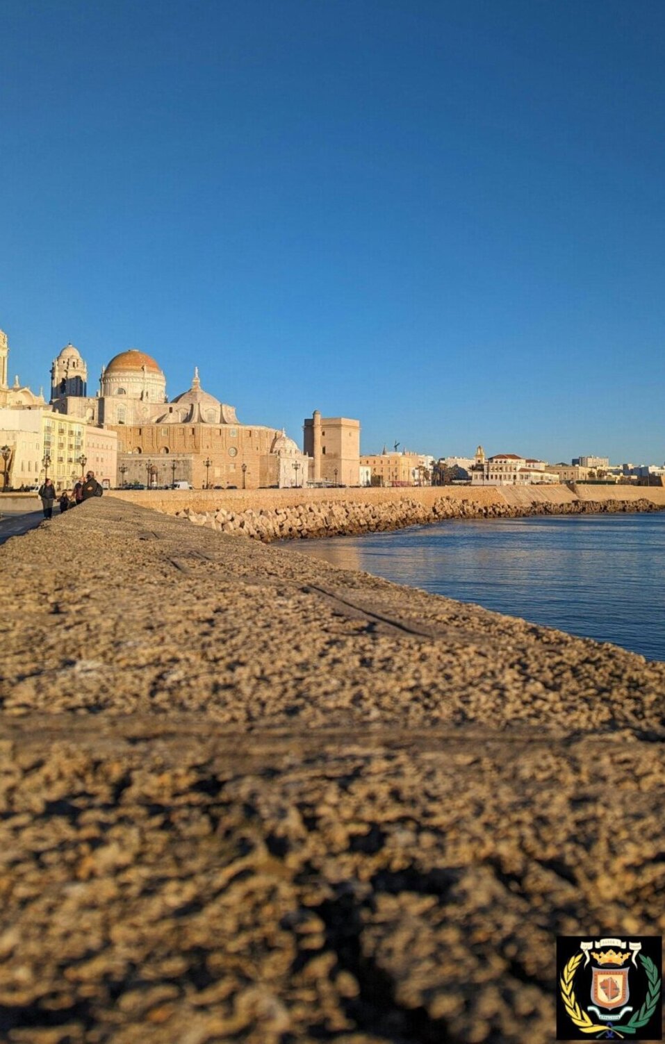 Scenic view of Cádiz coastline featuring historical architecture and a clear blue sky.