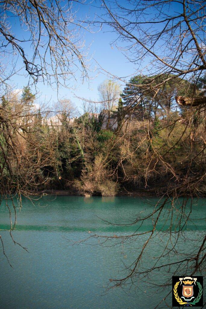 pexels-photo-36682898-36682898 Beautiful landscape of the Isonzo River surrounded by trees under a clear sky.
