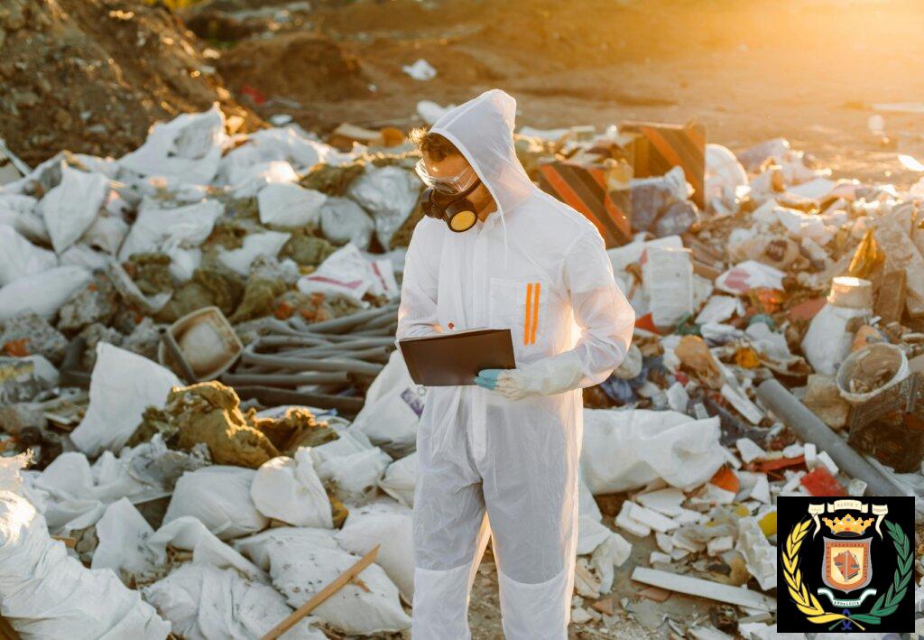 An environmental scientist in protective gear surveys a landfill for research and pollution control.